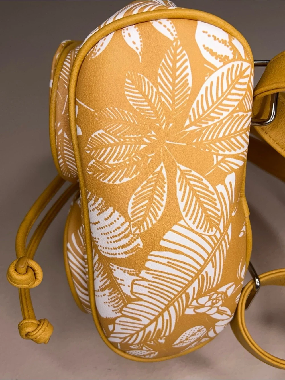 New Mustard Yellow Tropical Floral Print Small Backpack Purse Vegan Faux Leather
